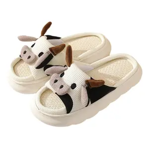 Summer Women EVA Sole Open Toe Thick Sole Cute Animal Cartoon Cow Slippers High Quality Indoor Home House Cotton Linen Slippers