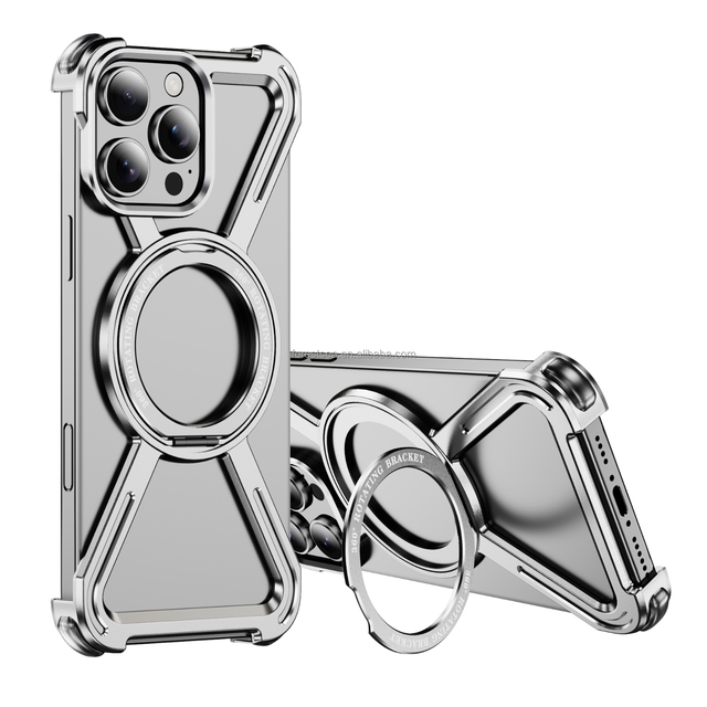 Aluminum Alloy Frameless Phone Case With Rotatable Holder for iPhone 16 Pro 15 Plus 14 13 Magnetic Mobile Phone Case Metal Case
