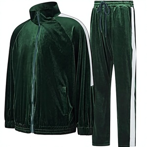 Veste de survêtement en velours vert pour homme avec rayures blanches, fermeture éclair sur toute la longueur, manches longues, col rabattu, couleur unie, tenue décontractée d'automne - Product Image 1