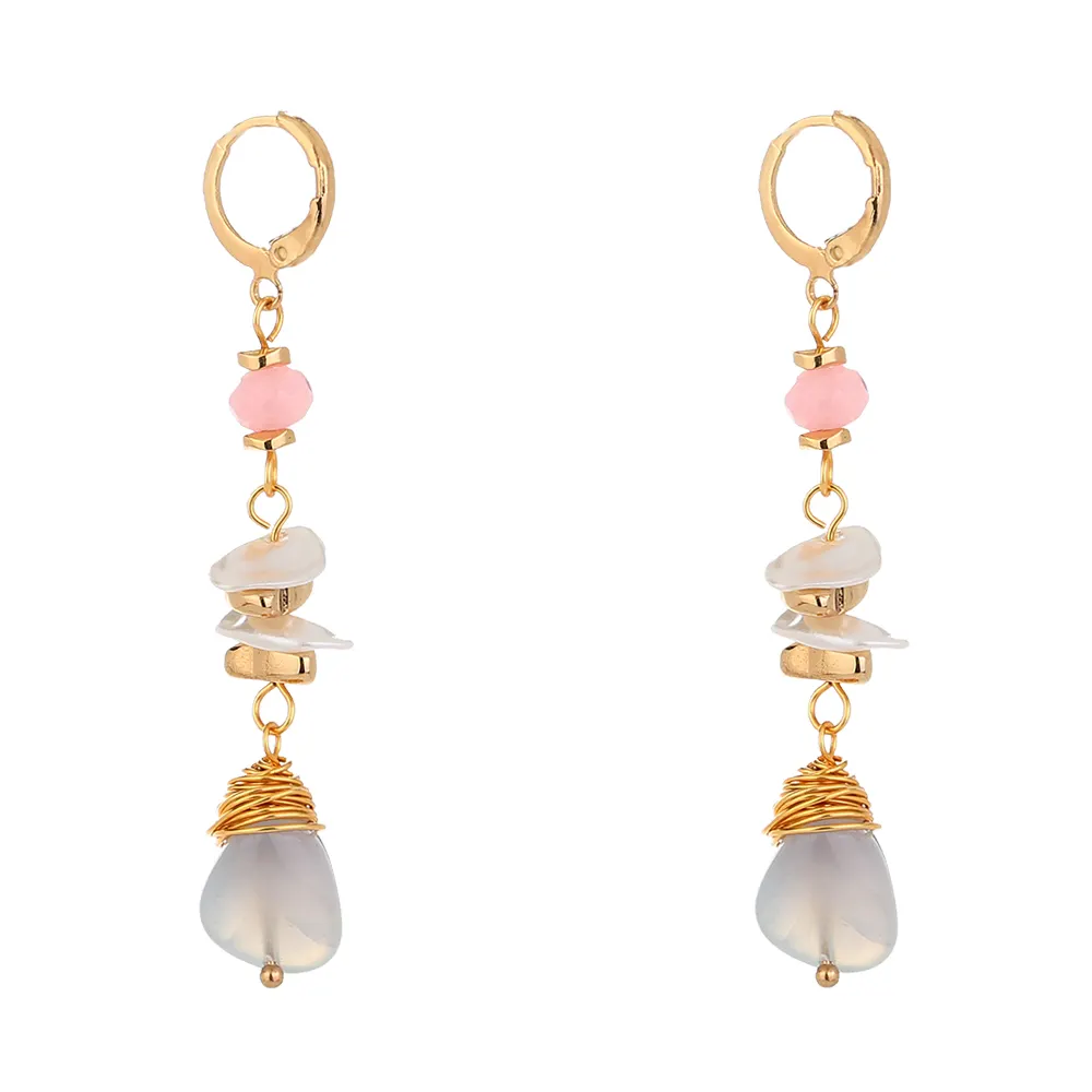 Boho Ngọc Trai Huggie Hoop Earring Charms Dài Tua Handmade Opal Đá Quý Dangling 18K Bông Tai Vàng Nữ Trang Sức