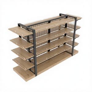 Estanterías de Góndola Multinivel Highbright para Supermercados con Estantes de Madera y Panel Trasero de Malla Metálica para Exhibición en Tiendas de Abarrotes - Product Image 1