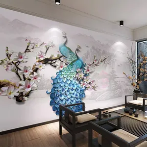 مخصص جداريات 3D مجسمة الإغاثة الأزرق الطاووس ماغنوليا زهرة الفن طلاء جدران غرفة نوم غرفة المعيشة ديكور خلفية المنزل
