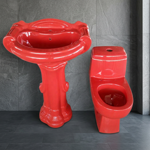 Ensemble de salle de bain en céramique Vitrosa noir, comprenant une toilette monobloc et un lavabo sur pied, motif floral, articles sanitaires - Product Image 6