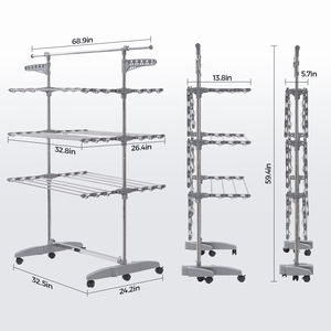 Séchoir à linge pliable à 3 niveaux en acier inoxydable, mobile et multifonctionnel, pour manteaux, linge et vêtements domestiques - Product Image 2