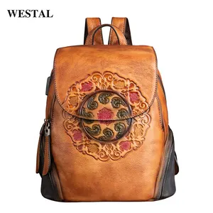 WESTAL Vintage Women Leather Backpack High Quality Handmade Embossed Backpack Genuine Leather Backpack for Women