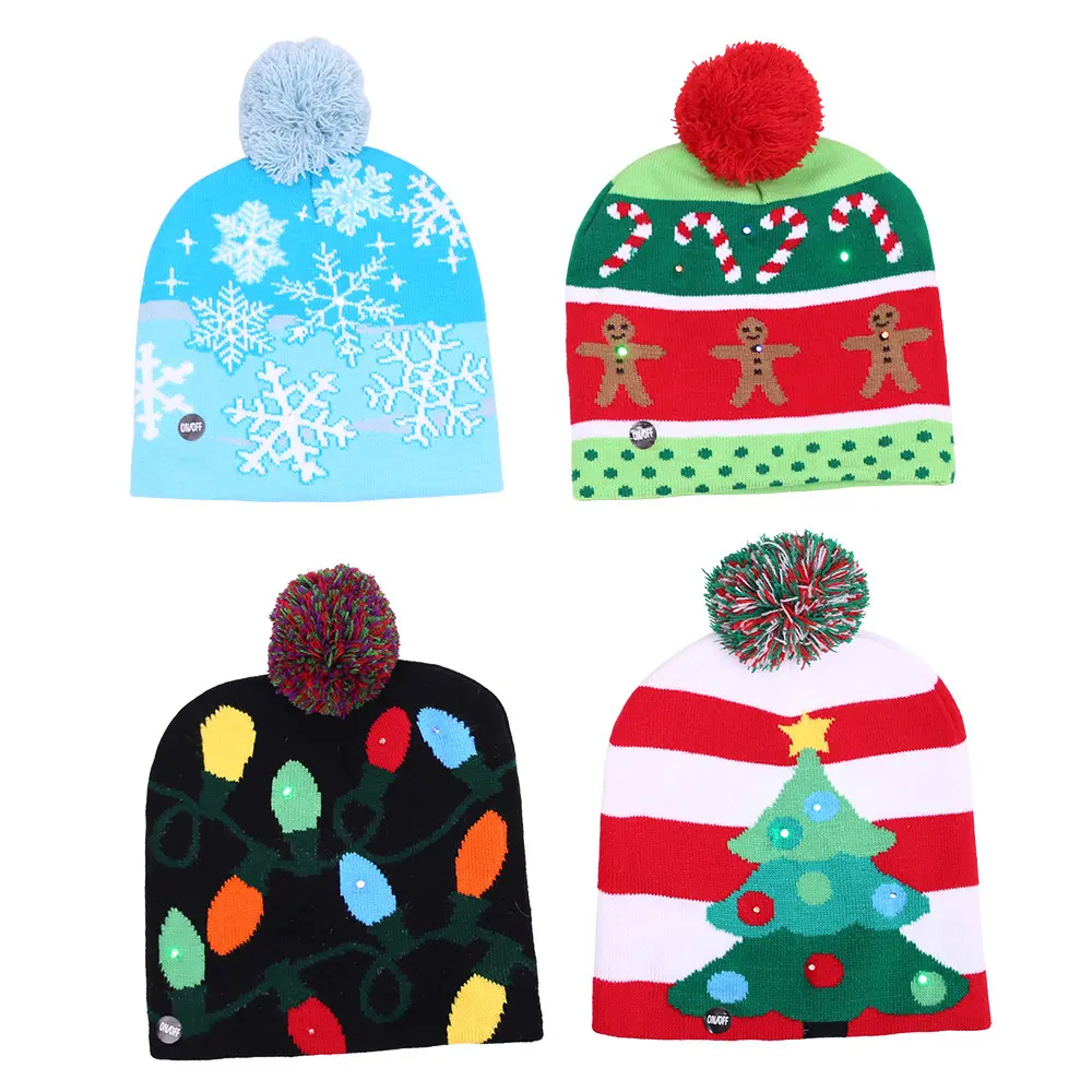 2023 Christmas Decorations Colorful Knitted Hat With Led Light Christmas Tree And Snowman Design Suitable For Adult And Children