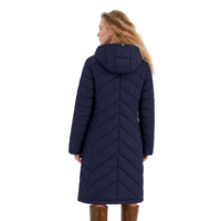 Veste matelassée longue à capuche pour femme, bleu marine, 100% nylon, matelassage chevron, poches zippées, pliable, manteau d'hiver, OEM ODM