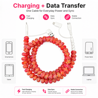 Câble de charge multi-prise USB Type C 4 en 1 avec strass rouges et perles, cordon de transfert de données en cristal