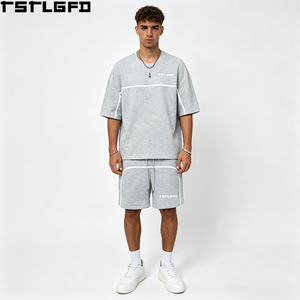 Conjunto de dos piezas de streetwear con cintura doble personalizada, pantalón corto y top de tejido grueso gris jaspeado con logo en capas, venta al por mayor - Product Image 2