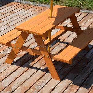 Conjunto de Mesa de Picnic de Madera con Sombrilla a Rayas – Banco de Comedor para Exteriores Resistente a la Intemperie con Protección Solar para Jardín - Product Image 5