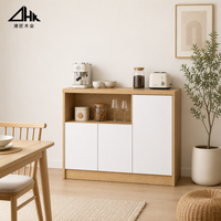 Buffet blanc et chêne avec trois portes affleurantes, niche de présentation ouverte et armoire haute pour salle à manger, en kit