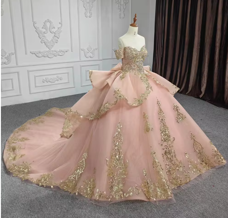 QD1645 Luxury Gold Flower Lace-up Quinceanera Party Dresses