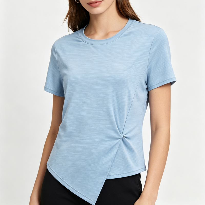 OEM Wholesale Customize Lightweight Spandex/Polyester Short Sleeve Crew Neck Asymmetrical Design Fitness Wear Women's Yoga Top