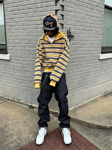 Sweat à capuche vintage américain hip-hop brodé, à rayures colorées, tricoté, coupe oversize et ample, manches longues, style streetwear unisexe - Product Image 3