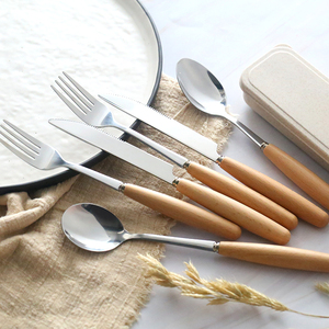 Stainless Steel Wooden Handle Spoon Fork Knife Metal <strong>Travel</strong> <strong>Cutlery</strong> <strong>Set</strong> <strong>With</strong> <strong>Case</strong> - Product Image 5