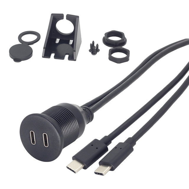 USB C 3.0 Flush Mount Cable for Car Dashboard 2 Port Type C Male to Female Adapter Cord for Boat Marine Motorcycle Vehicle