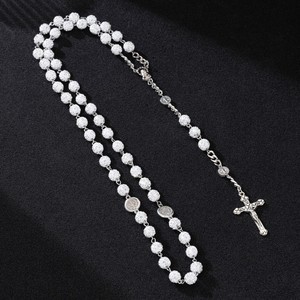 Rosario Católico de la Virgen María con Crucifijo, Bola de <span class=keywords><strong>Discoteca</strong></span> Blanca, Cuentas de Arcilla Polimérica y Pedrería para Oración y Bendición - Product Image 3