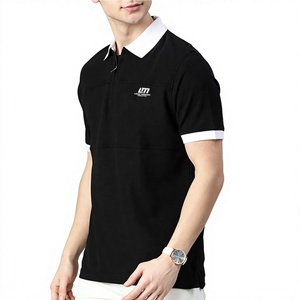 Chemise noire à manches courtes pour homme, col blanc, poignets brodés, logo brodé sur le devant, tissu tricoté en coton/polyester, séchage rapide - Product Image 1