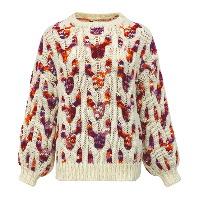 High Quality Women Colorful Marled Cable Knit Sweater Crew Neck Hollow Out Chunky Knit Bubble Sleeve Loose Oversized Pullover
