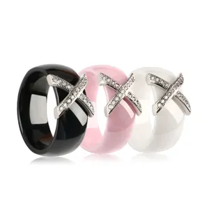 Fashion Jewelry 6mm Plain Cubic Zirconia Black White Ceramic Rings