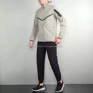 Survêtements de sport pour hommes avec logo personnalisé, veste et pantalon en nylon léger tissé, fermeture éclair, capuche - Product Image 4