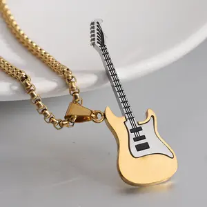 Hip Hop 18k Gold Plated Stainless Steel Guitar Necklace For Men Music Instrument Necklaces