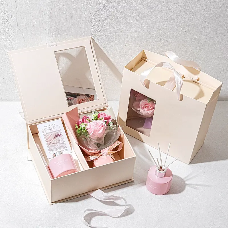 Caja de embalaje de regalo de flores con ventana transparente, caja de embalaje de Perfume de flores de boda para aniversario, Día de San Valentín