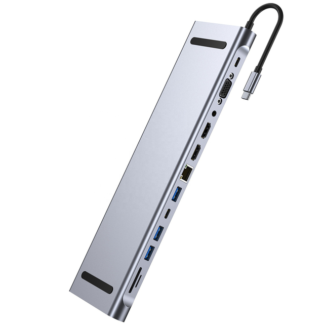 12 in 1 Type c Hub Expansion Dock Laptop Docking Station Type C to HDMI VGA USB 3.0 SD RJ45 PD 3.5mm Audio USB C Docking Station