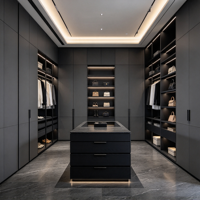 Dressing îlot moderne sur mesure haut de gamme avec portes vitrées et armoire de rangement LED pour la conception de chambres de villas de luxe