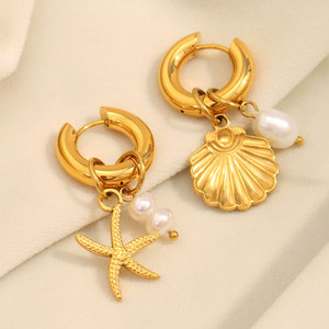 Boucles d'oreilles pendantes asymétriques Hawaïennes en acier inoxydable 316L plaqué or 14k 18k avec perles et étoiles de mer pour femme - Product Image 2