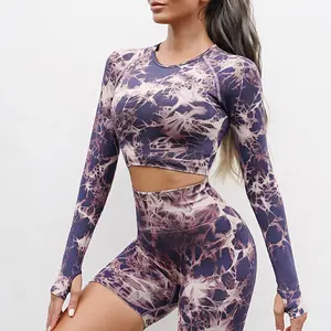 Private Label Active wear Seamless Sports Workout Suit Clothing Gym Fitness crop top shorts Tie Dye yoga set