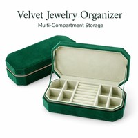 Achteckige Schmuckbox aus Samt mit Fächern für Halsketten, Ringe und Ohrringe in 3 Farben: Blau, Grün, Silber - Geschenkset