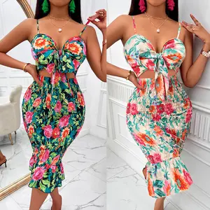 Casual Summer Dresses Vacation Clothing Hollow Out Floral Sexy Sleeveless Off Shoulder Woman Clothes