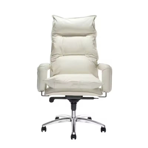 Silla de oficina ejecutiva de jefe de cuero genuino con respaldo ondulado blanco clásico - Product Image 3