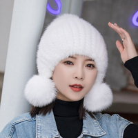 Gorro de Punto Grueso, Cálido, Cómodo y Elegante para Mujer, Hecho a Mano con Piel de Visón Auténtica, Ajustable, Ideal para Viajes y Uso en Múltiples Ocasiones