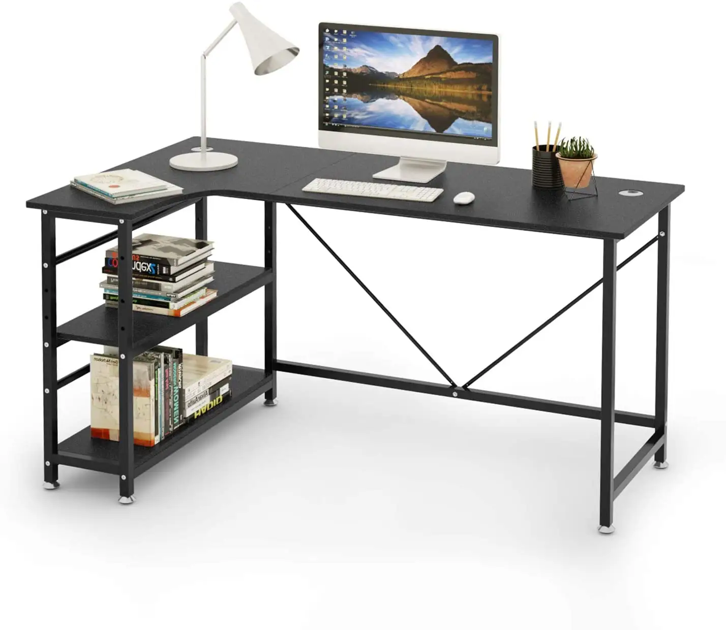 Escritorio de computadora en forma de L con estantes de almacenamiento, escritorio de computadora de esquina mesa de juegos estación de trabajo diseño de ahorro de habitación para oficina en casa