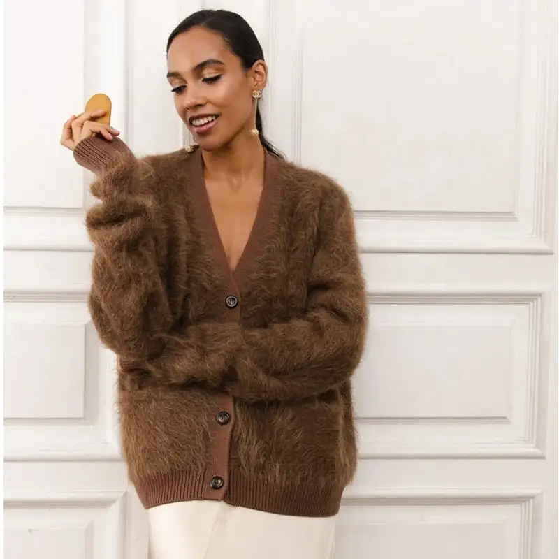 2023 New Arrivals V-neck Chunky Knit Cardigan Lady Brown Mohair Cashmere Loose Fuzzy Knitted Sweaters
