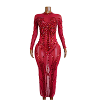 Robe moulante à manches longues en maille à paillettes rouges, robe de scène, robe de performance pour femmes, robe personnalisée pour drag queen