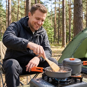 Kit de cuisine de <span class=keywords><strong>camping</strong></span> 8-en-1 en aluminium anodisé antiadhésif avec poignée pliable, pot, poêle, bol, spatule en bois, vente en gros OEM, ensemble de cuisson pour la randonnée - Product Image 4