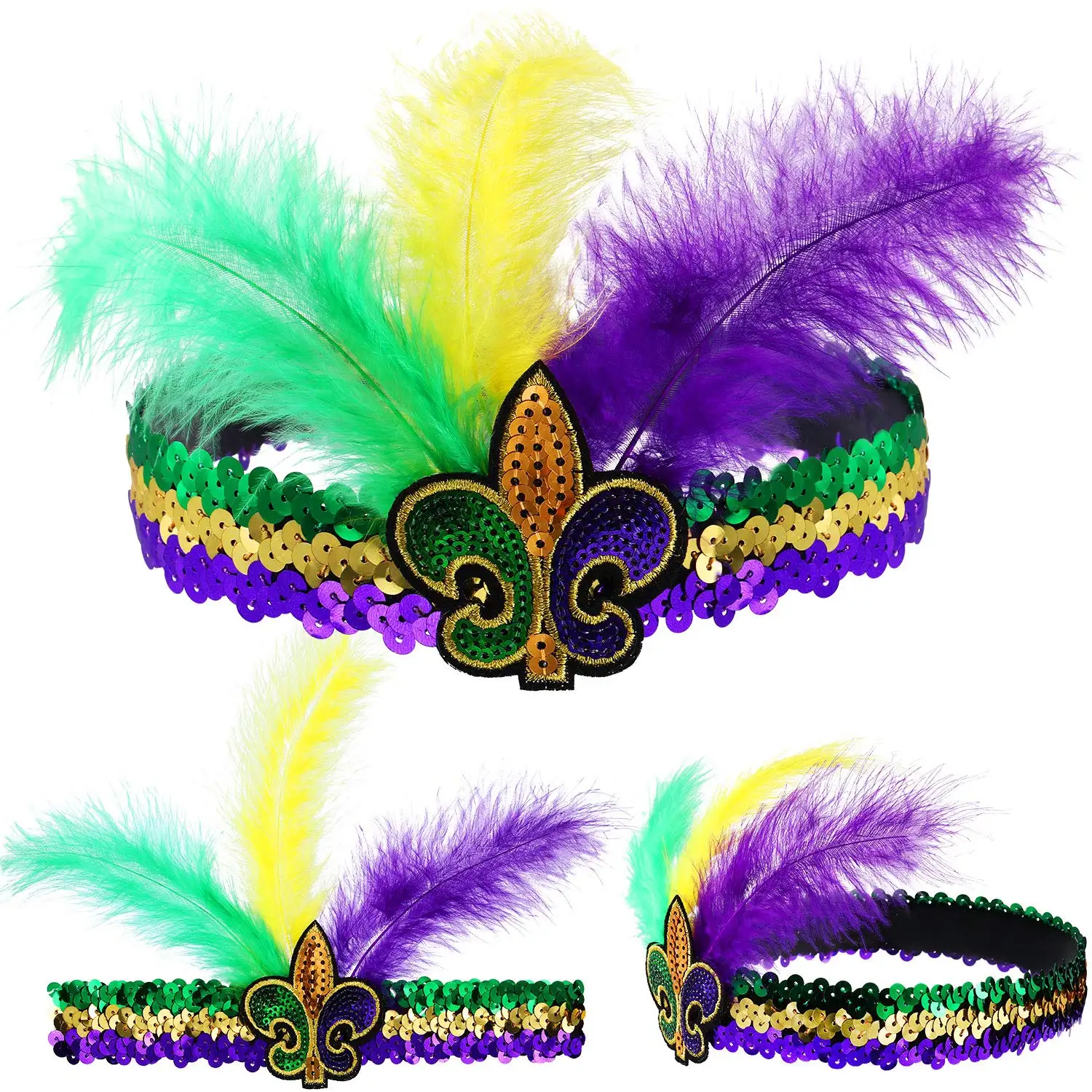 Повязка на голову с блестками Mardi Gras, новая Маскарадная маска с искусственными перьями для вечеринки, пурпурно-желто-зеленая SP-17