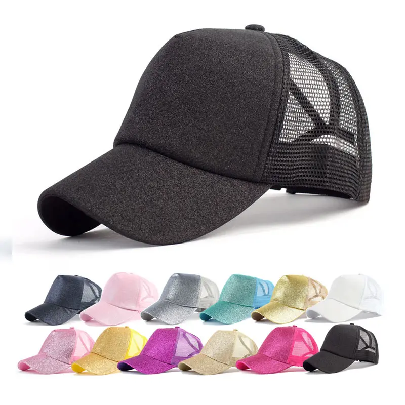 Wholesale Custom embroidery Logo Summer Women Glitter Baseball Caps Drop Shipping Sequin Ponytail Mesh Hats