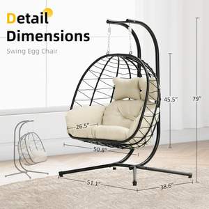 Fauteuil suspendu double en rotin pliable avec coussins imperméables résistants aux UV, capacité 700 LBS, pour chambre à coucher - Product Image 4