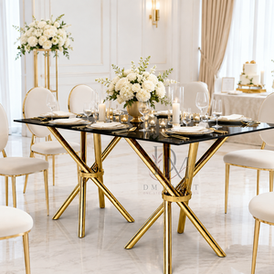 Mesa Rectangular de Lujo de Acero Inoxidable con Cubierta de Vidrio Negro y Base de Varillas Cruzadas para Eventos, Bodas y Banquetes - Product Image 3
