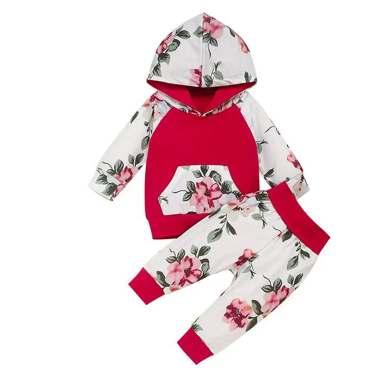 latest ins Europe America hot sale street wear retro floral print baby hooded clothes set long sleeve kids hoodies set