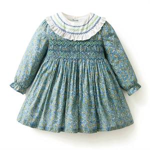 Vestito per bambini a maniche lunghe a maniche lunghe con fodera floreale in cotone da fumo con colletto ricamato a balze abbigliamento per bambini vestito da bambina - Product Image 1
