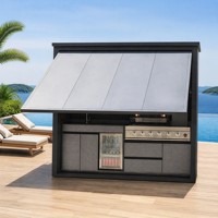 Pavillon de cuisine extérieur avec barbecue en acier inoxydable 304, réfrigérateur, portes coulissantes doubles, protection contre le vent et la pluie, fenêtre latérale, bande lumineuse LED