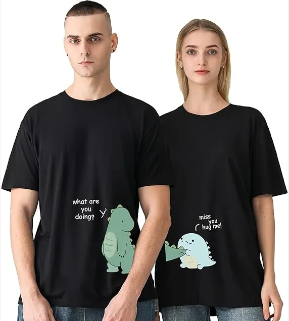 Dinosaur Matching Couple T-shirt Valentines Women Casual Woven Printed T-shirts Day Gift Lovely for He/her Pure Cotton 1 Pc