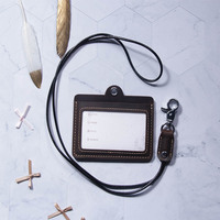 Porte-badge en cuir véritable avec cordon, personnalisable, pour carte d'identité professionnelle, portefeuille avec poche pour étudiants, bus et usage bureautique