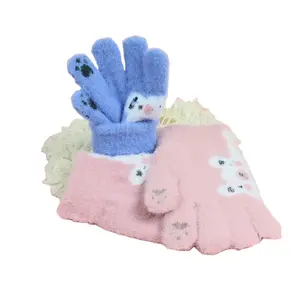 Plush Warm Kids Gloves Custom Magic Outdoor Thick Cartoon Children Full Finger Knitted Girl Gloves