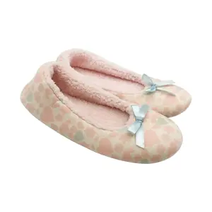 Classic design cute cozy heart printing with satin bow light weight soft bottom flats women fluffy ballerina slippers